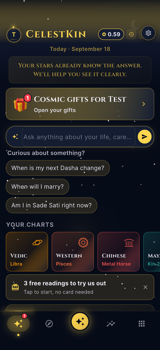 CelestKin Today screen with daily cosmic weather, moon phase and personal timing windows