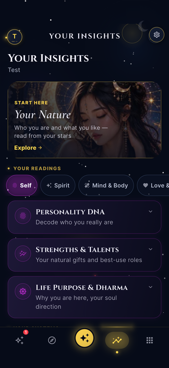 CelestKin insights screen with deep readings for love, career and other life areas