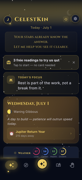 CelestKin Today screen with daily cosmic weather, moon phase and personal timing windows