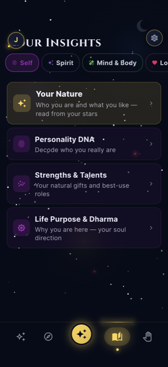 CelestKin insights screen with deep readings for love, career and other life areas