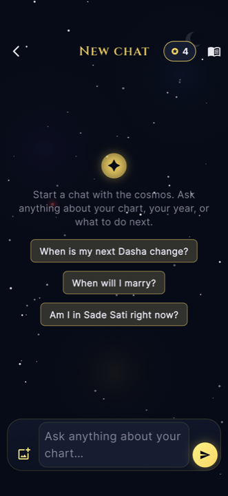 CelestKin Ask the Stars chat screen answering a personal question from the birth chart