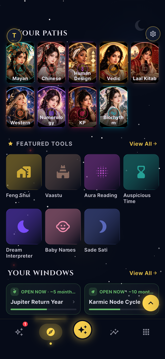 CelestKin traditions screen with Vedic, Chinese, Mayan and six more computed charts