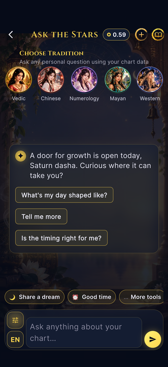 CelestKin Ask the Stars chat screen answering a personal question from the birth chart